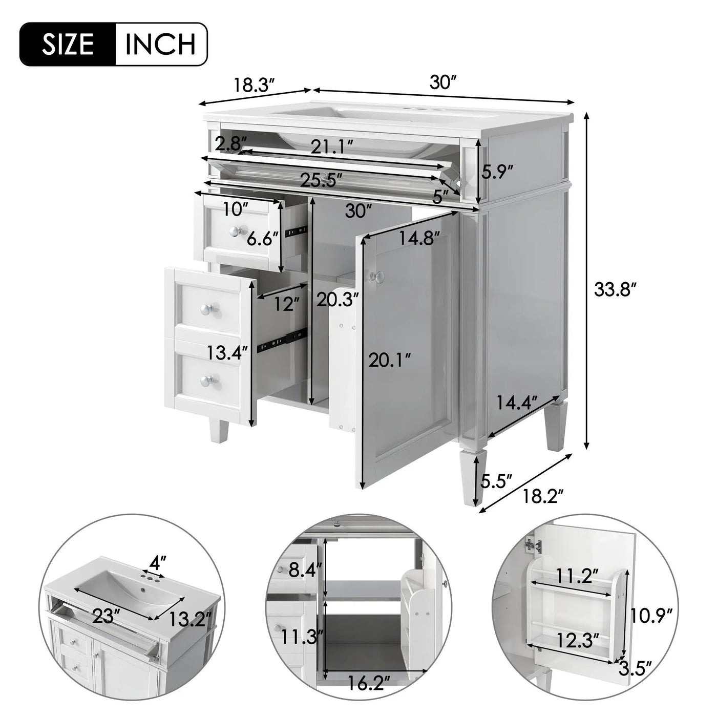 Bathroom Vanity With Medicine Cabinet, Royal Mirror Cabinet, Modern Bathroom Storage Cabinet With 2 Soft Closing Doors And 4 Drawers by Unique Piece Furniture