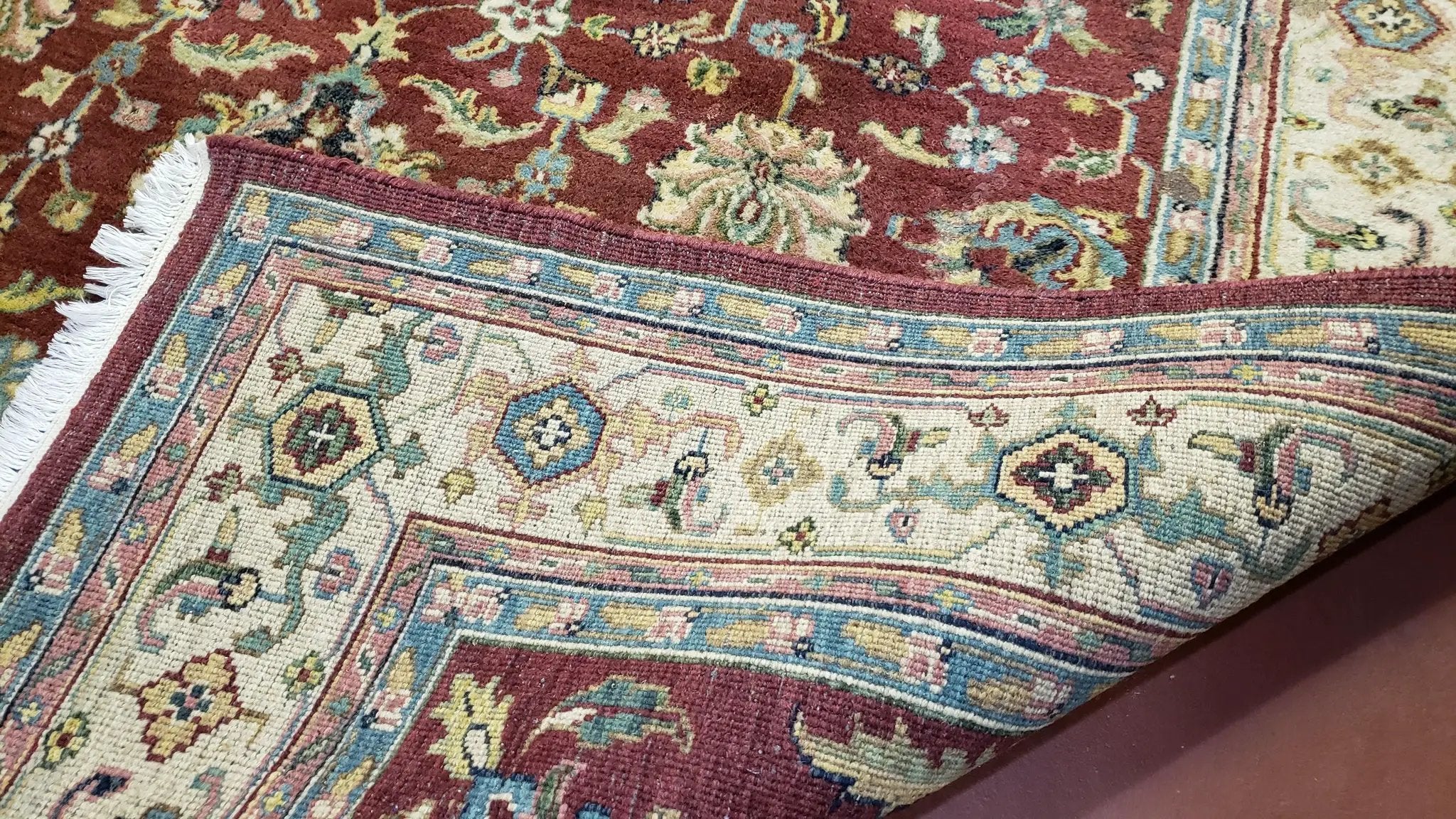 8x12 Indo-Mahal Rug, Floral Allover, Red & Beige, Wool Vintage Handmade Traditional Carpet by Jewel Rugs
