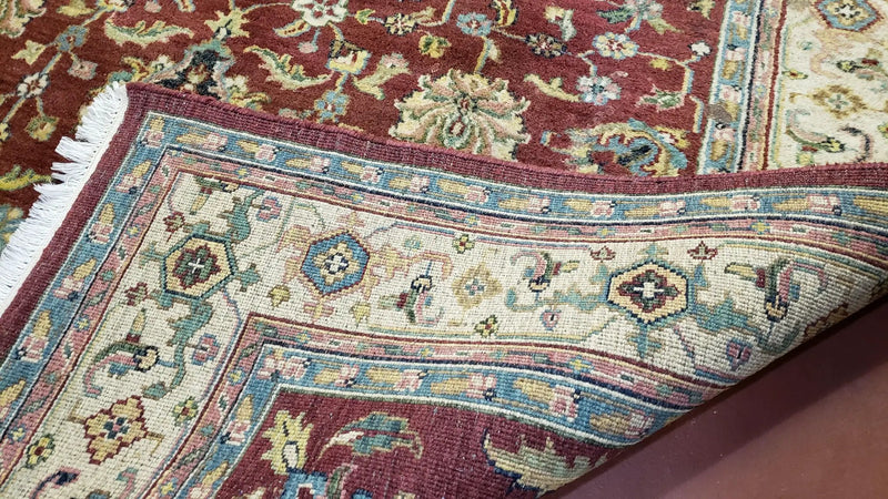 8x12 Indo-Mahal Rug, Floral Allover, Red & Beige, Wool Vintage Handmade Traditional Carpet by Jewel Rugs