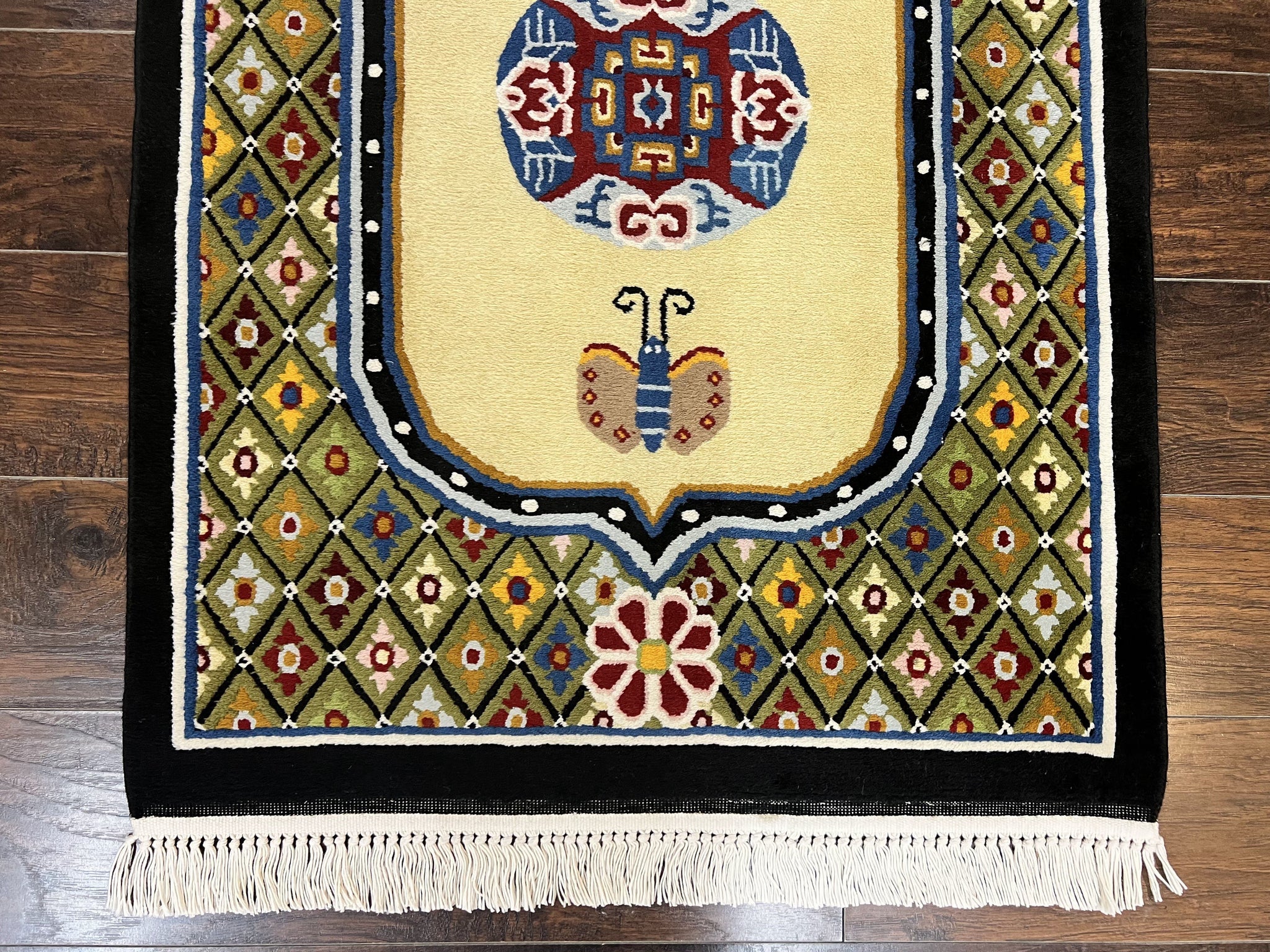 Chinese Rug 3x6 ft, Chinese Wool Rug, Tiensin Rug, Handmade Wool 3 x 6 Vintage Peking Rug, Art Deco Rug, Butterflies by Jewel Rugs