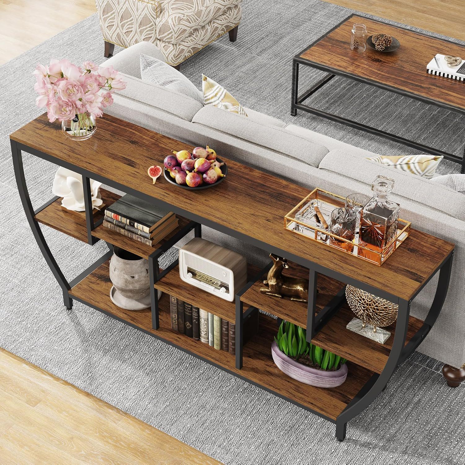 Extra Long Entryway Console Sofa Table With 7 Tier Shelves - Brown / Black by HouseOfZazla