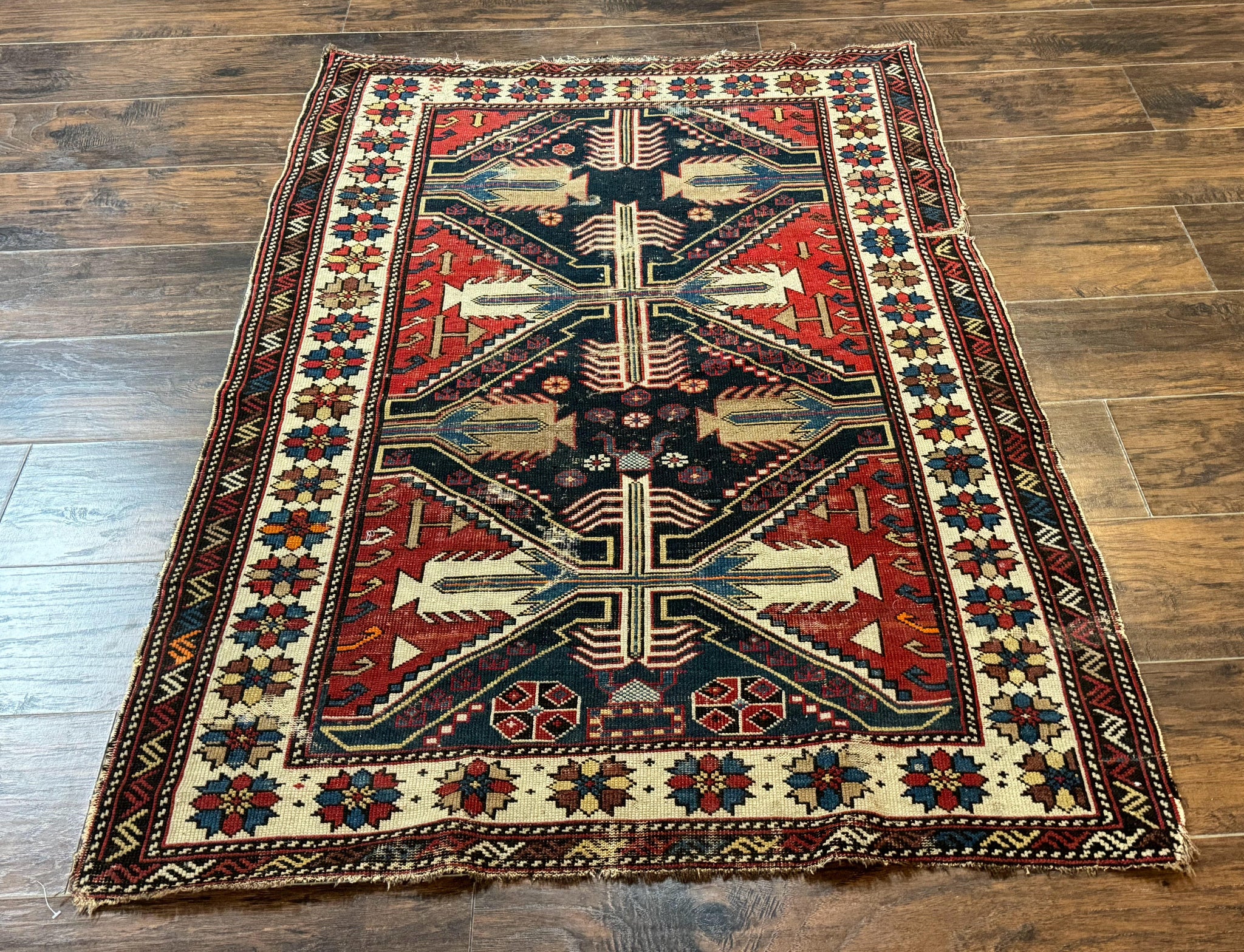 Antique Shirvan Caucasian Rug 3x5, Geometric Pattern, Red Navy Blue Beige by Jewel Rugs