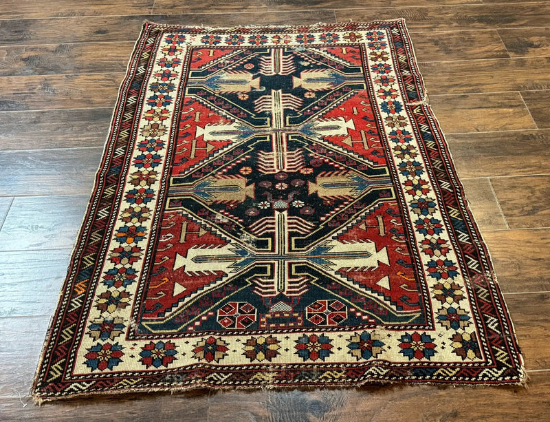 Antique Shirvan Caucasian Rug 3x5, Geometric Pattern, Red Navy Blue Beige by Jewel Rugs