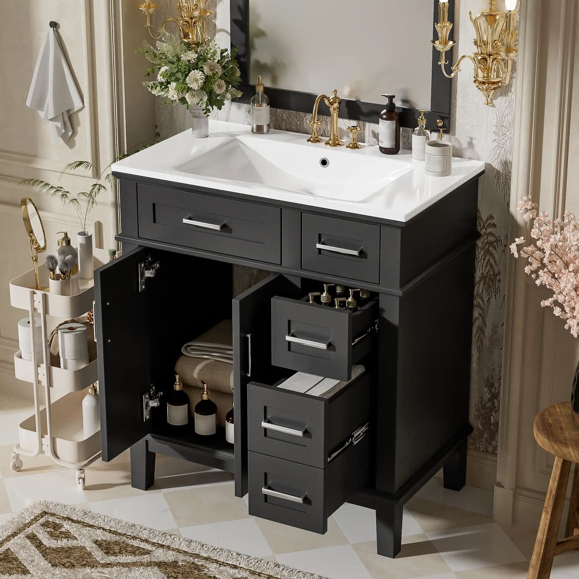 Modern Bathroom Vanity With Sink, Storage Cabinet, Soft Close Doors, Deep & Standard Drawers by Unique Piece Furniture