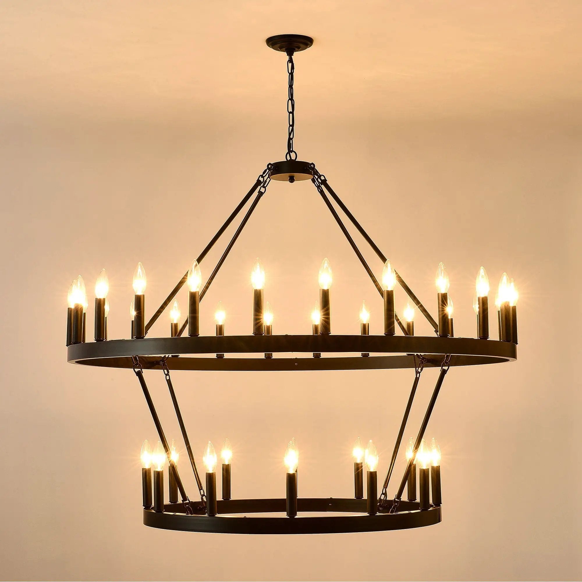 2 Tiers Wagon Wheel Chandelier Wooden Farmhouse 36 Light (24 / 12) Or (12 / 24) Metal Chandeliers 2 Story Light Fixtures Industrial For High Ceiling Living Dining Room Foyer, Adjustable Height - Black by HouseOfZazla
