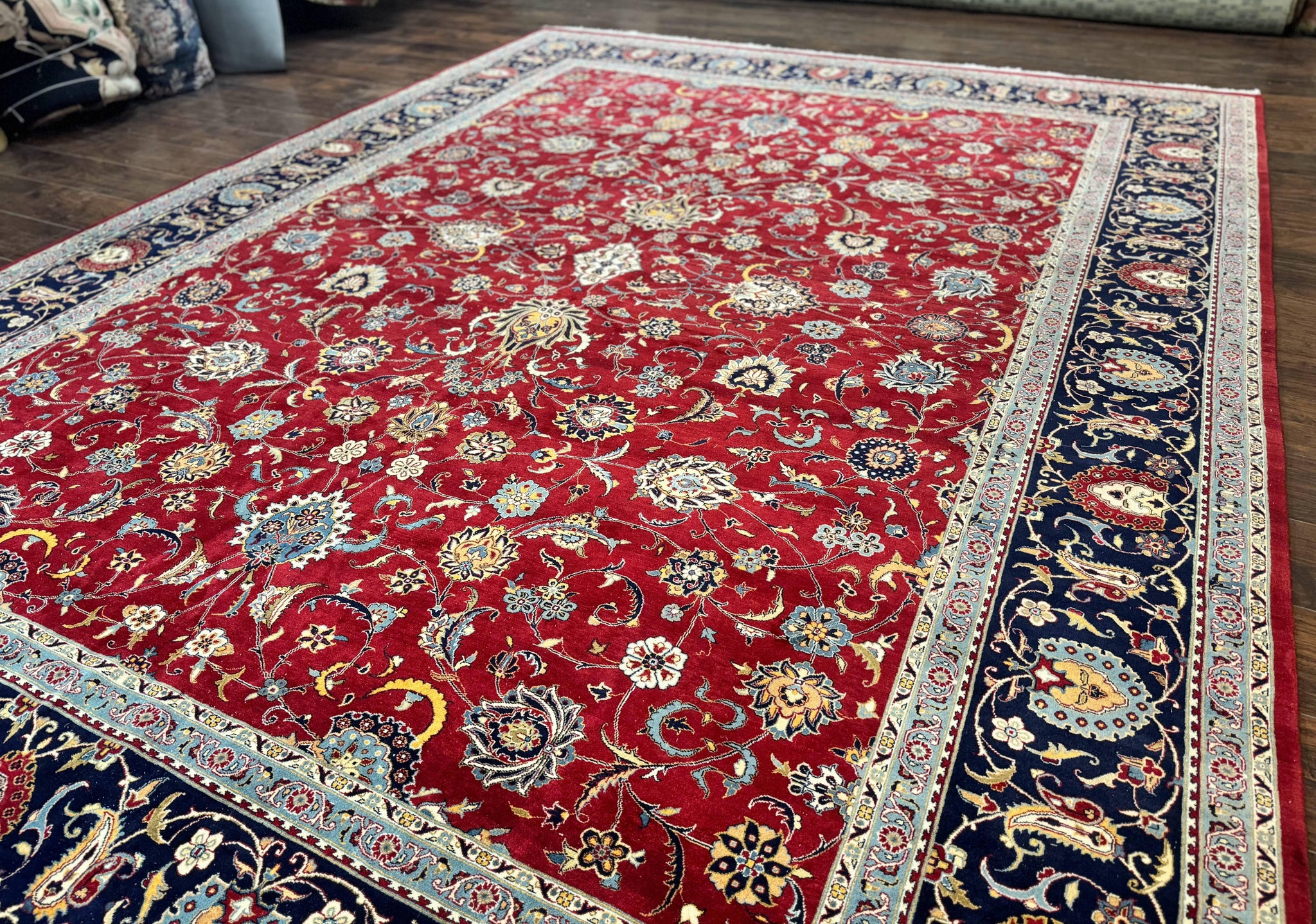 Pak Persian Rug 9x12, Red and Navy Blue, Floral Allover, Hand Knotted Vintage Wool Carpet, Fine 260 KPSI by Jewel Rugs