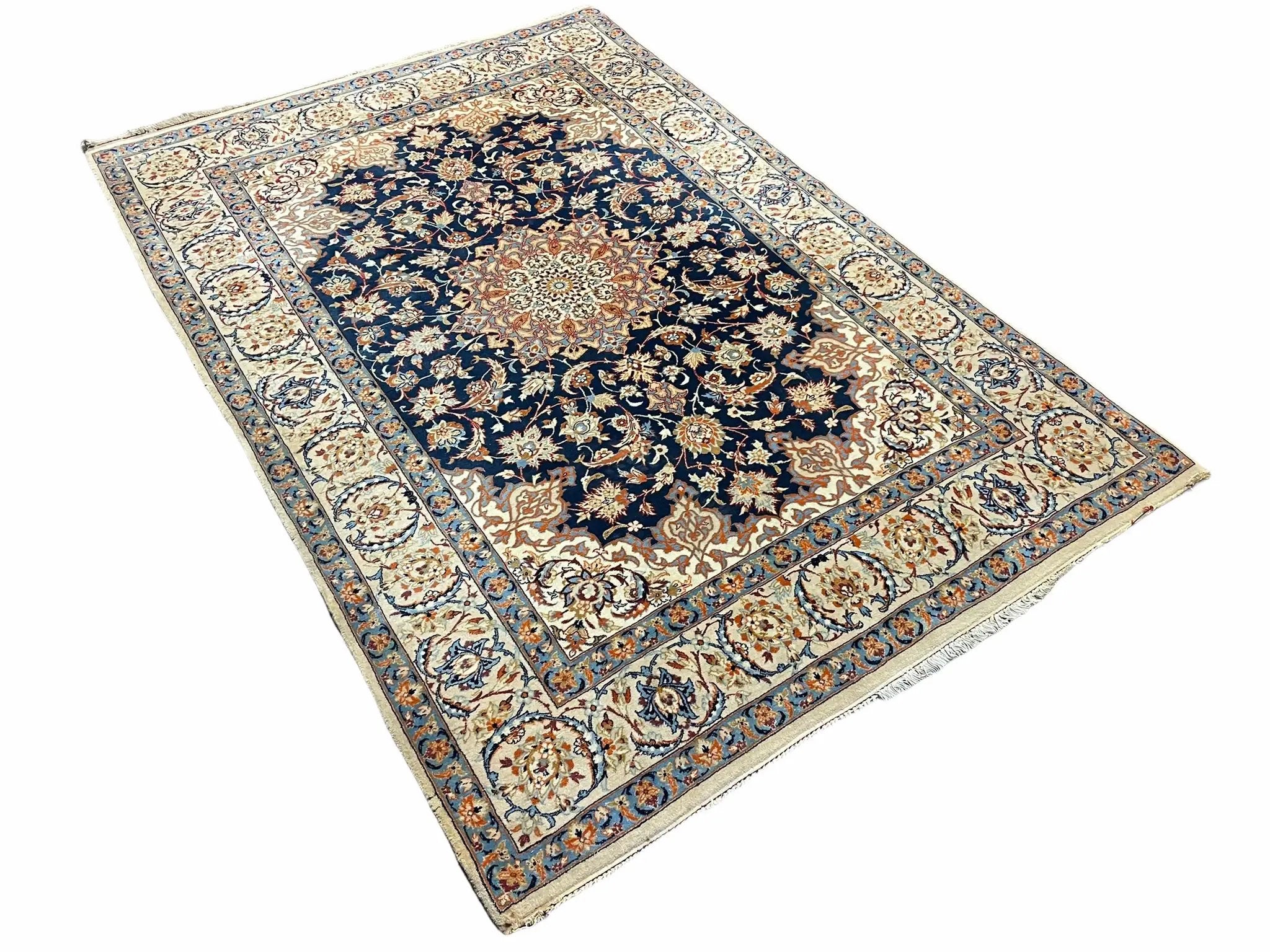 Persian Isfahan Rug 4x5, Navy Blue & Ivory, Wool and Silk Highlights by Jewel Rugs