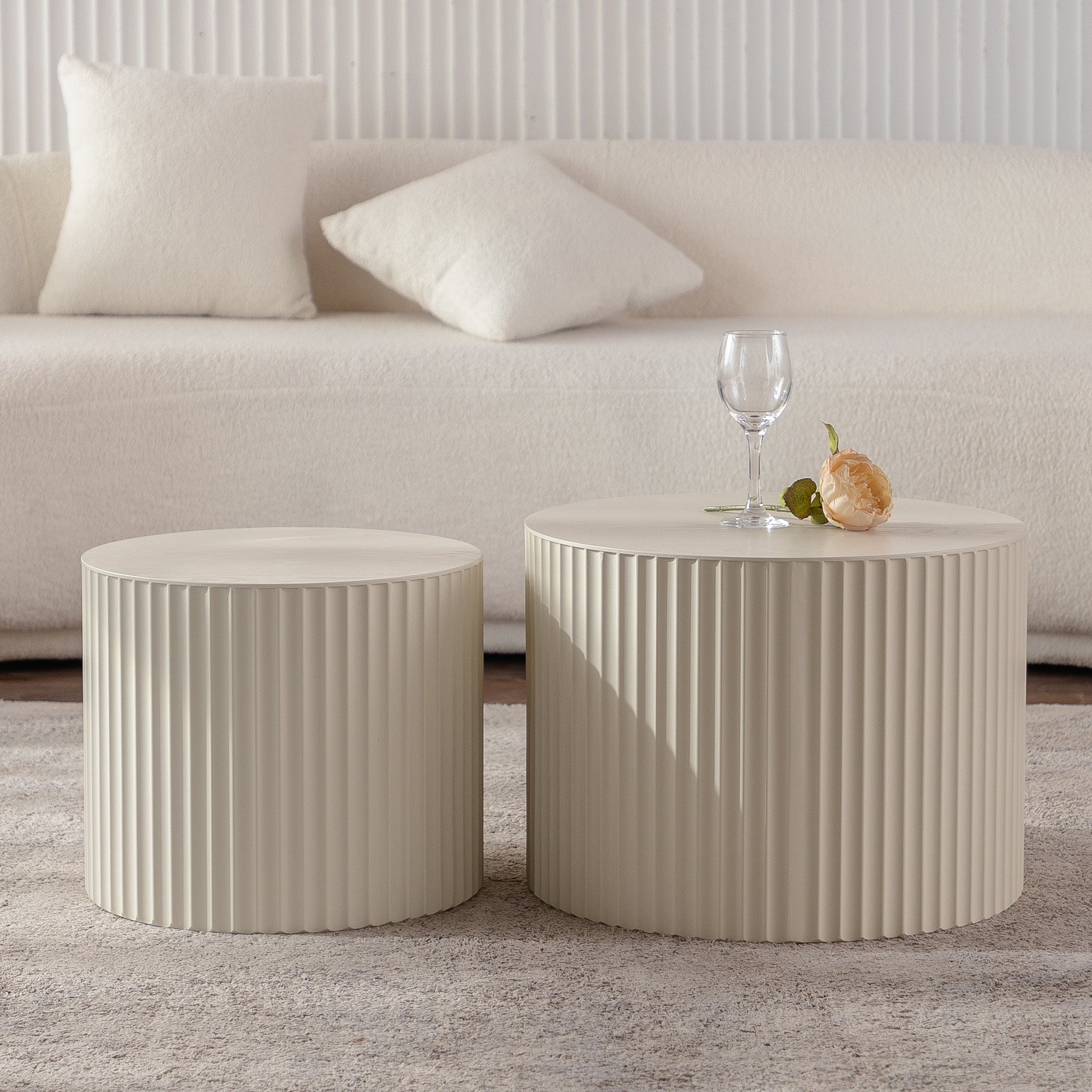 Beige Nesting Coffee Table Set of 2 Modern Drum Side Tables by HouseOfZazla