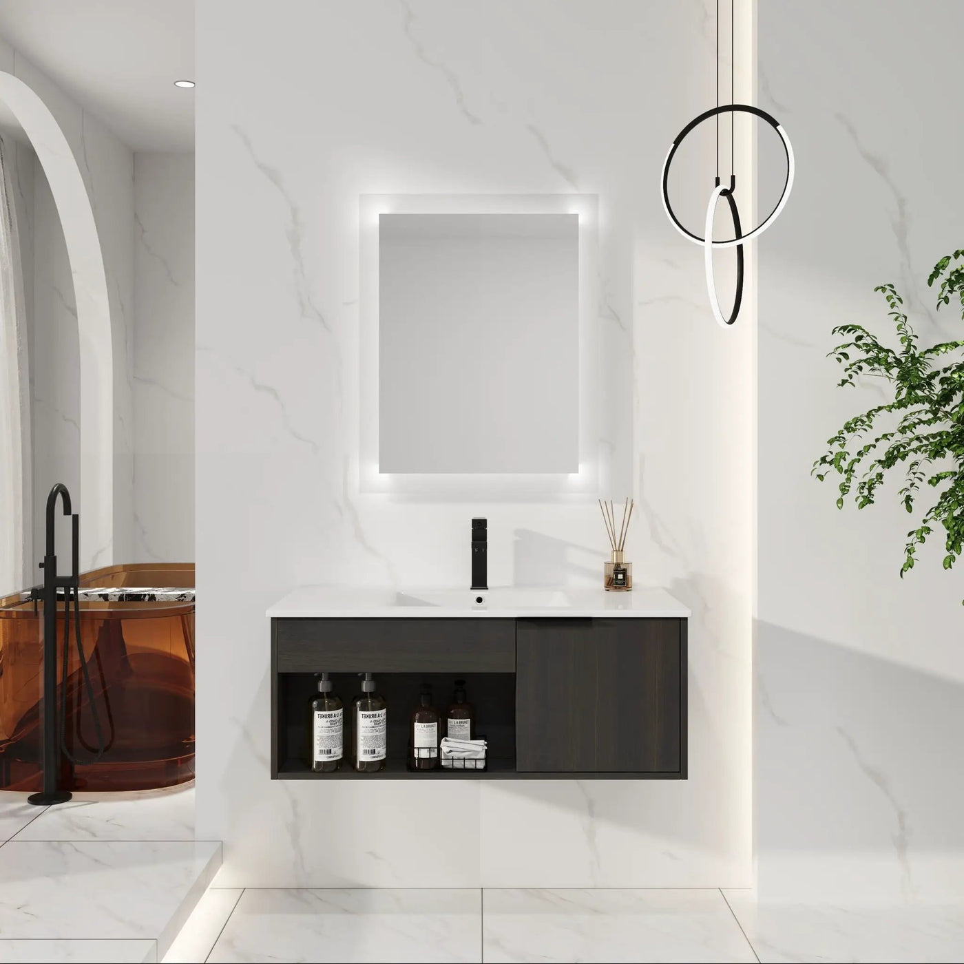 Wall Mounted Floating Bathroom Vanity With Open Shelf & Soft Close Door by HouseOfZazla