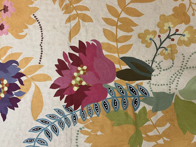 Indian Chain Stitched Rug 4x6, Hand Stitched Indian Embroidery Carpet, Large Floral Design, Contemporary, Cream and Colorful Flowers, Wool by Jewel Rugs