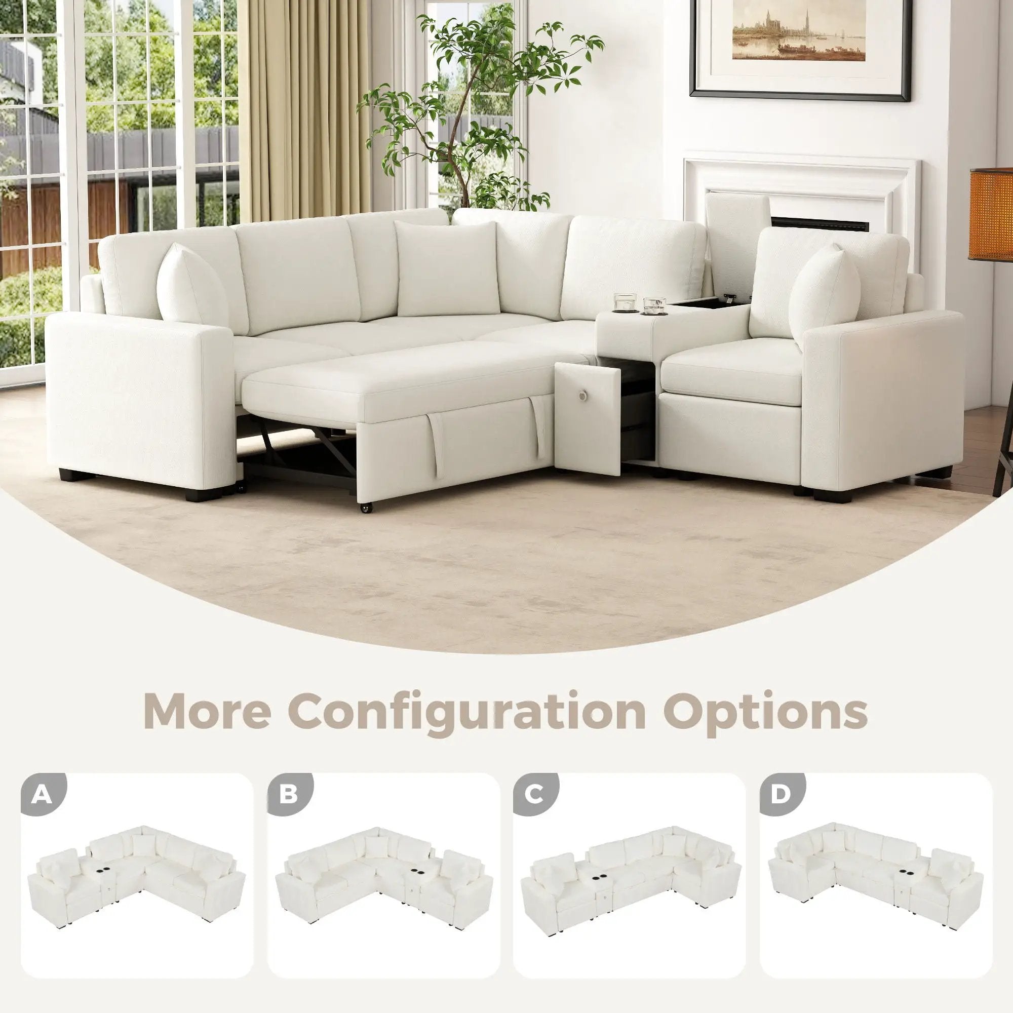 Modular L-Shaped Sectional Sofa Bed With Pull-Out Sleeper, Cup Holders, And Storage by Unique Piece Furniture