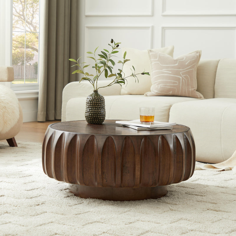 Round Coffee Table with Solid Wood Carved Frame and Elegant Sculptural Design, photo 7 of 9