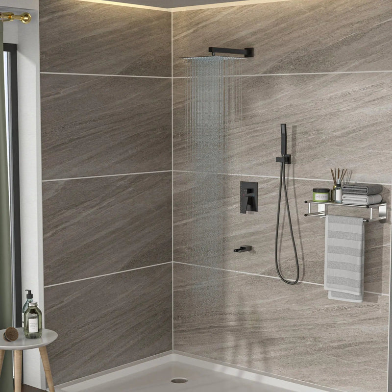Wall Mounted Square Shower System With Waterfall Tub Spout And 12" Shower Head - Oil-Rubbed Bronze by HouseOfZazla