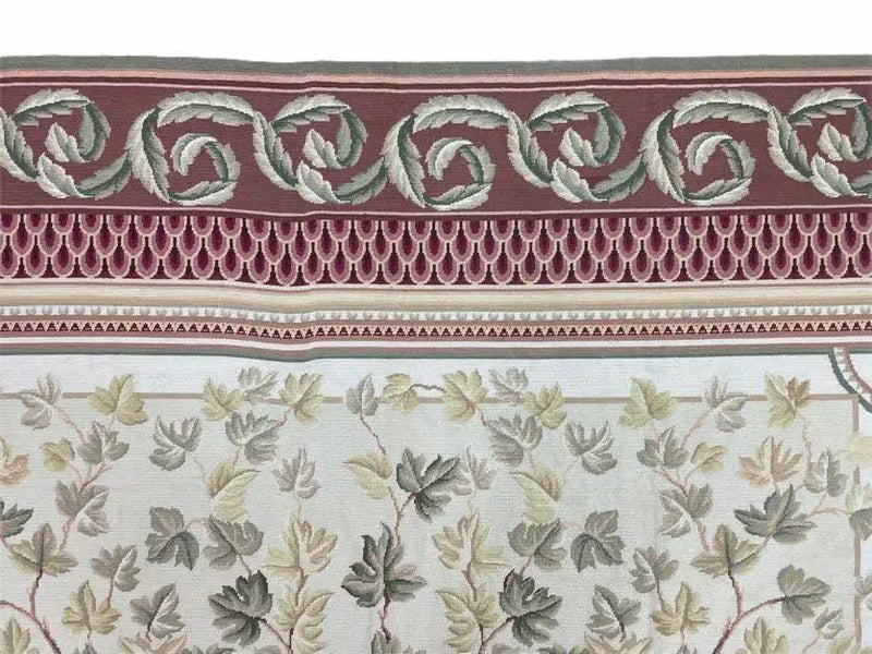 Aubusson Needlepoint Rug 9x12, Flatweave Carpet, Leaves, Wool, New, Handmade by Jewel Rugs