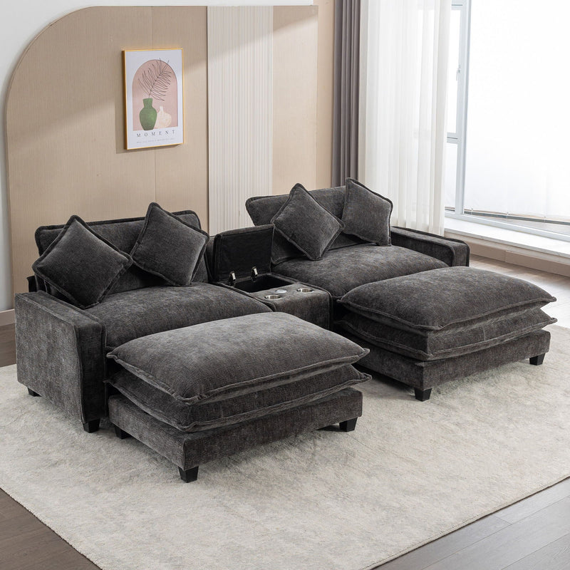 Modern Sectional Sofa With Removable Ottomans, USB Ports by HouseOfZazla