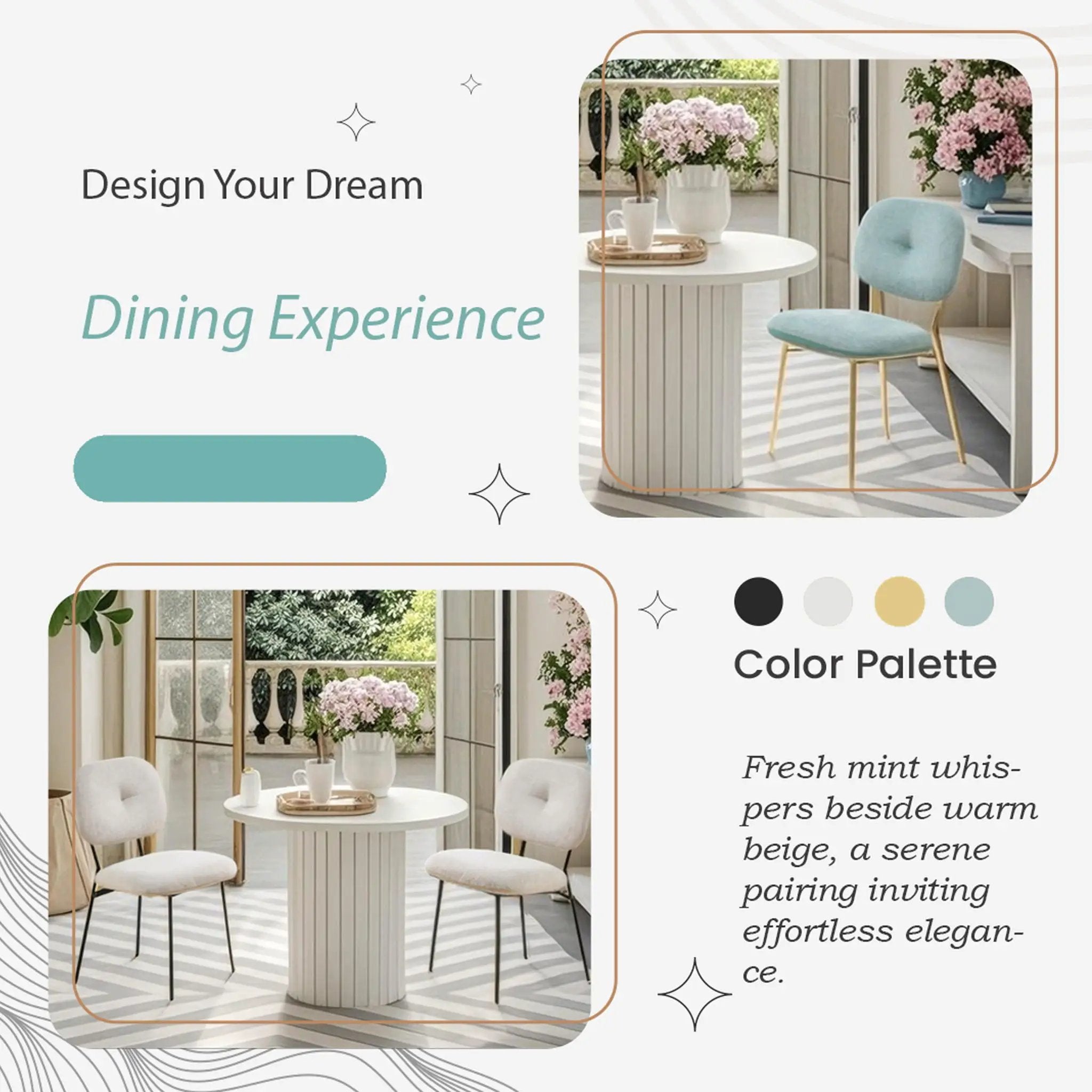 Modern 4 Person Dining Set With Bamboo & Table And Turquoise & Chairs Metal Legs, Space Saving Design - White by HouseOfZazla