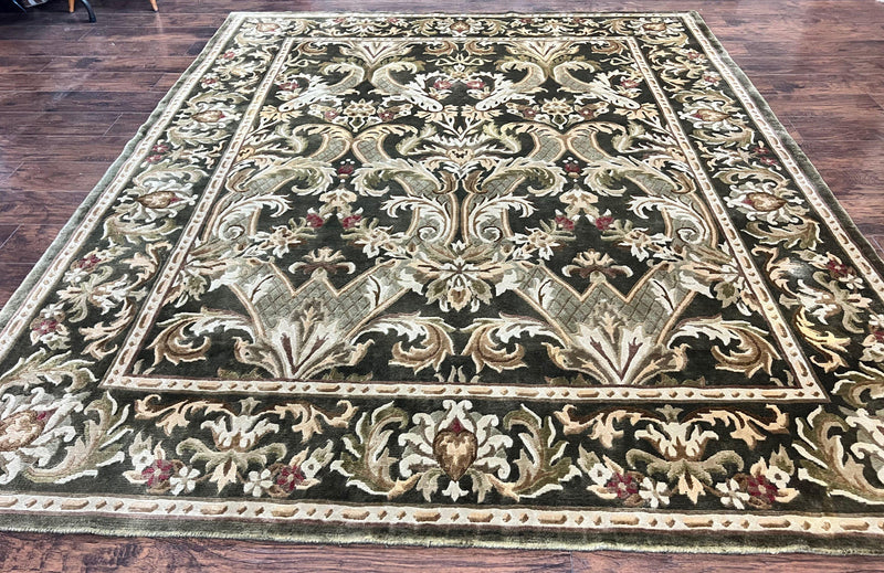 Tibetan Rug 8x10, European Design, Floral, Green, Handmade, Wool, Nepali Rug by Jewel Rugs
