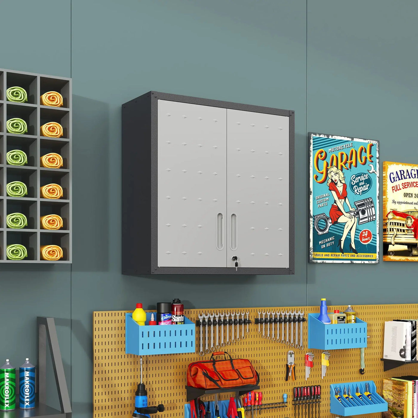 Metal Wall Mounted Tool Storage Cabinet With 2 Locking Doors, Adjustable Shelf, And Drawer by HouseOfZazla