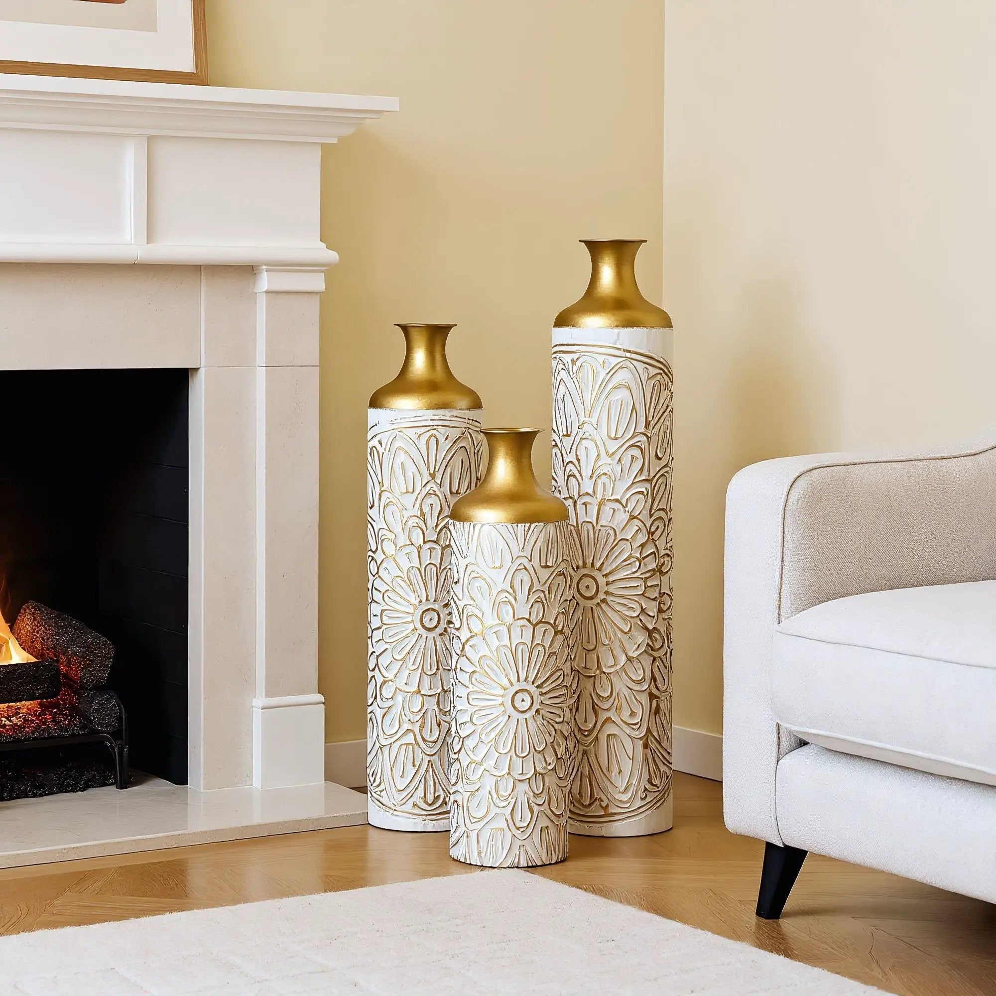 3 Piece Home Decoration Large Glazed Floor Vase Decoration Home Droplet Shaped - Gold / White by Unique Piece Furniture