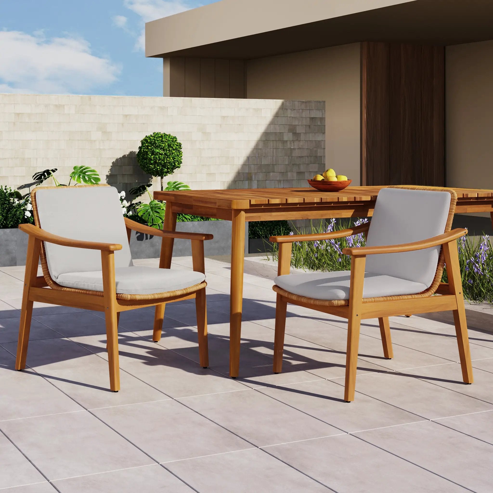 Outdoor Dining Chairs Set of 2, Teak Color Acacia Wood Frame by HouseOfZazla