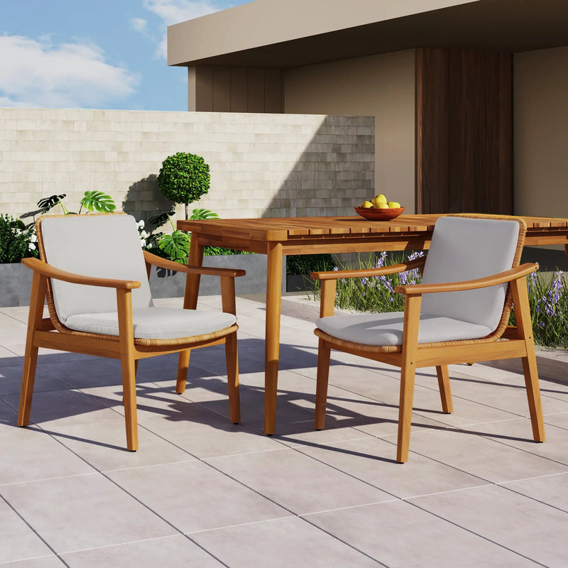 Outdoor Dining Chairs Set of 2, Teak Color Acacia Wood Frame by HouseOfZazla