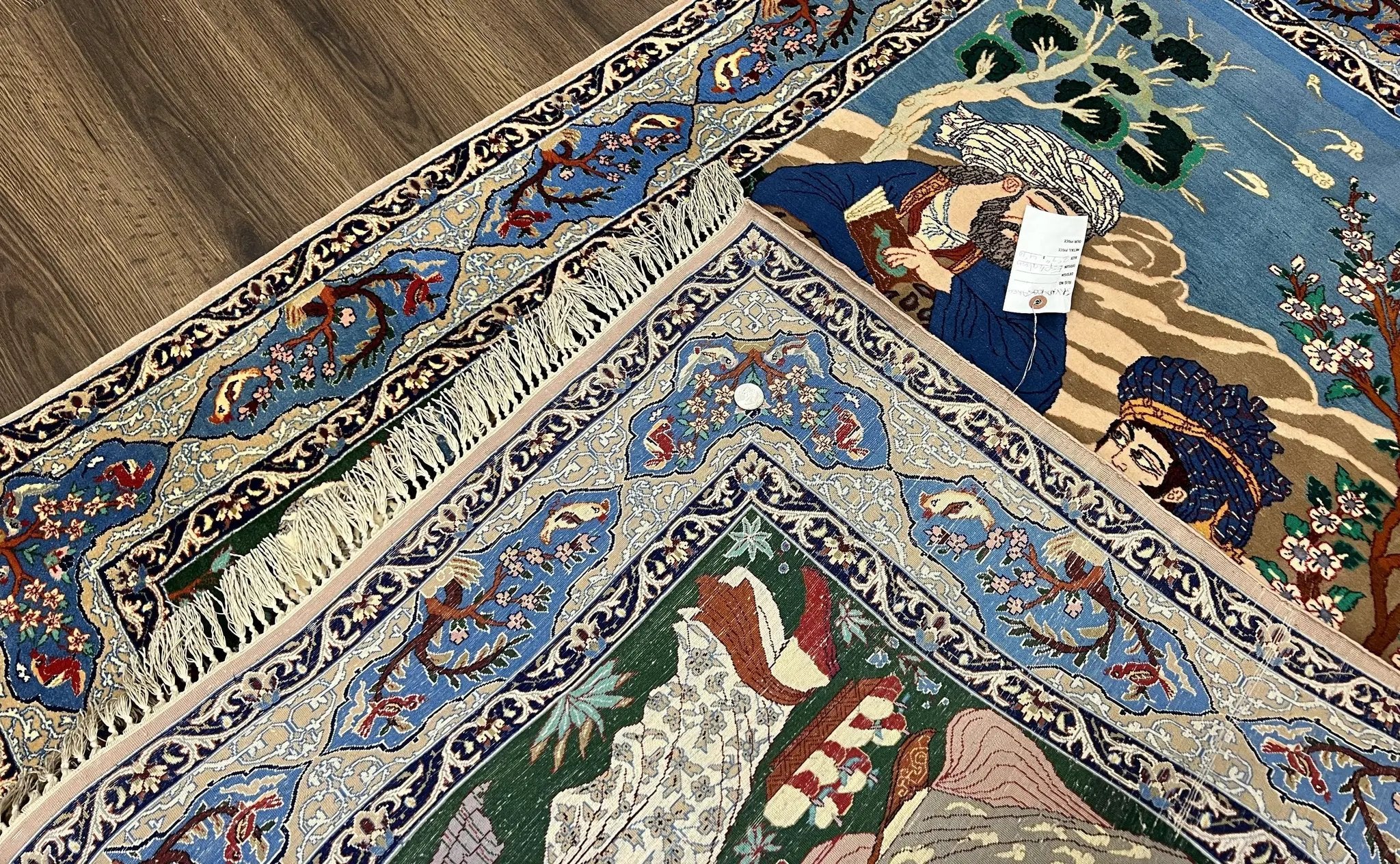 Fine Persian Isfahan Pictorial Rug 3.7 x 5, Kork Wool on Silk Foundation, Blue Persian Carpet, Hand Knotted, Humans Birds, High KPSI, Semi Antique by Jewel Rugs