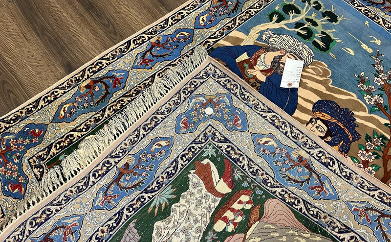 Fine Persian Isfahan Pictorial Rug 3.7 x 5, Kork Wool on Silk Foundation, Blue Persian Carpet, Hand Knotted, Humans Birds, High KPSI, Semi Antique by Jewel Rugs
