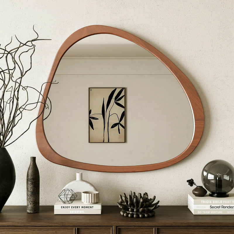 Asymmetrical Wall Mirror Wooden Framed Mirror Large Sized Dressing Mirror, For Living Room, Bedroom, Bathroom, Hallway Or Entry Way - Natural Wood by HouseOfZazla