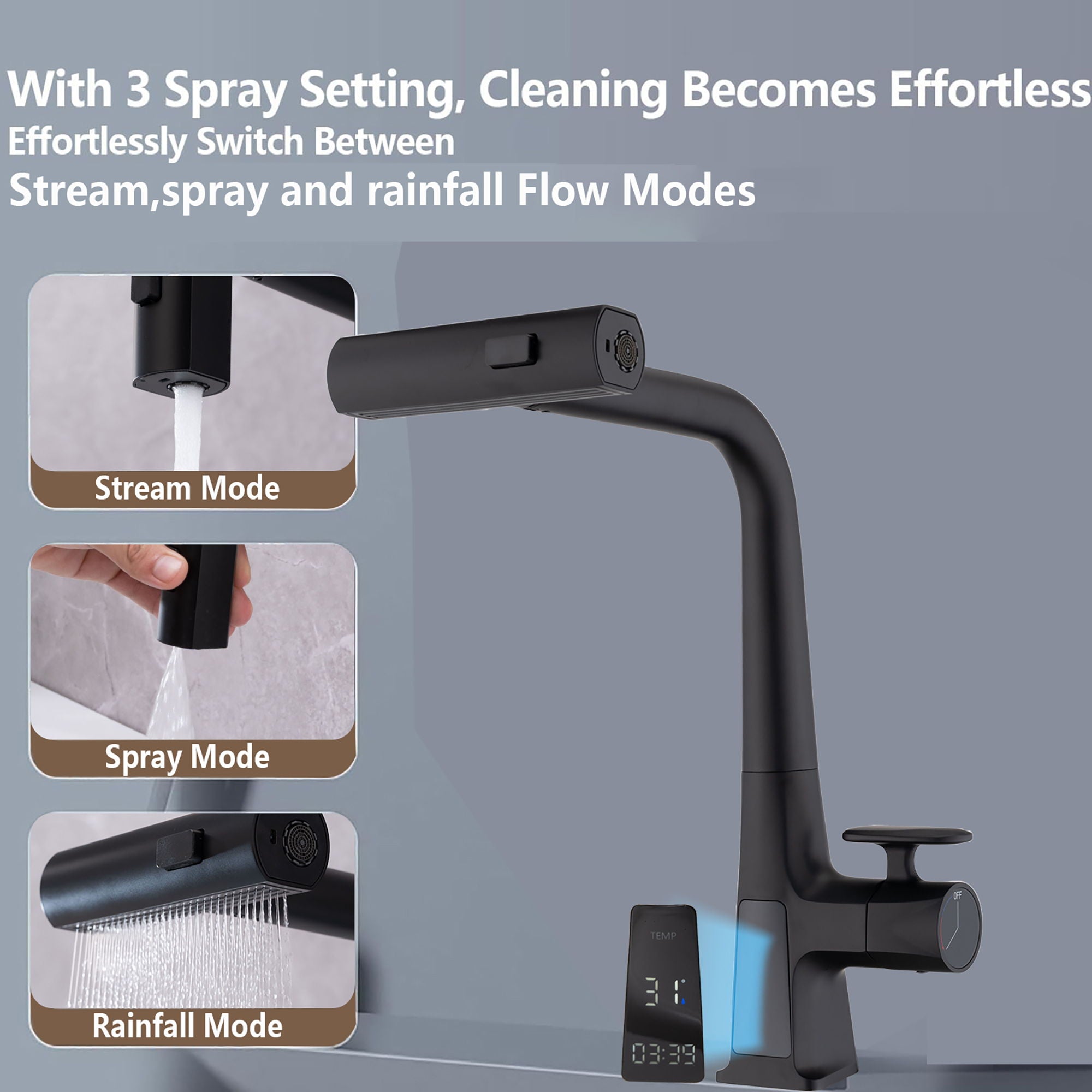 Waterfall Kitchen Faucet With Temperature Display And Pull Down Sprayer by HouseOfZazla