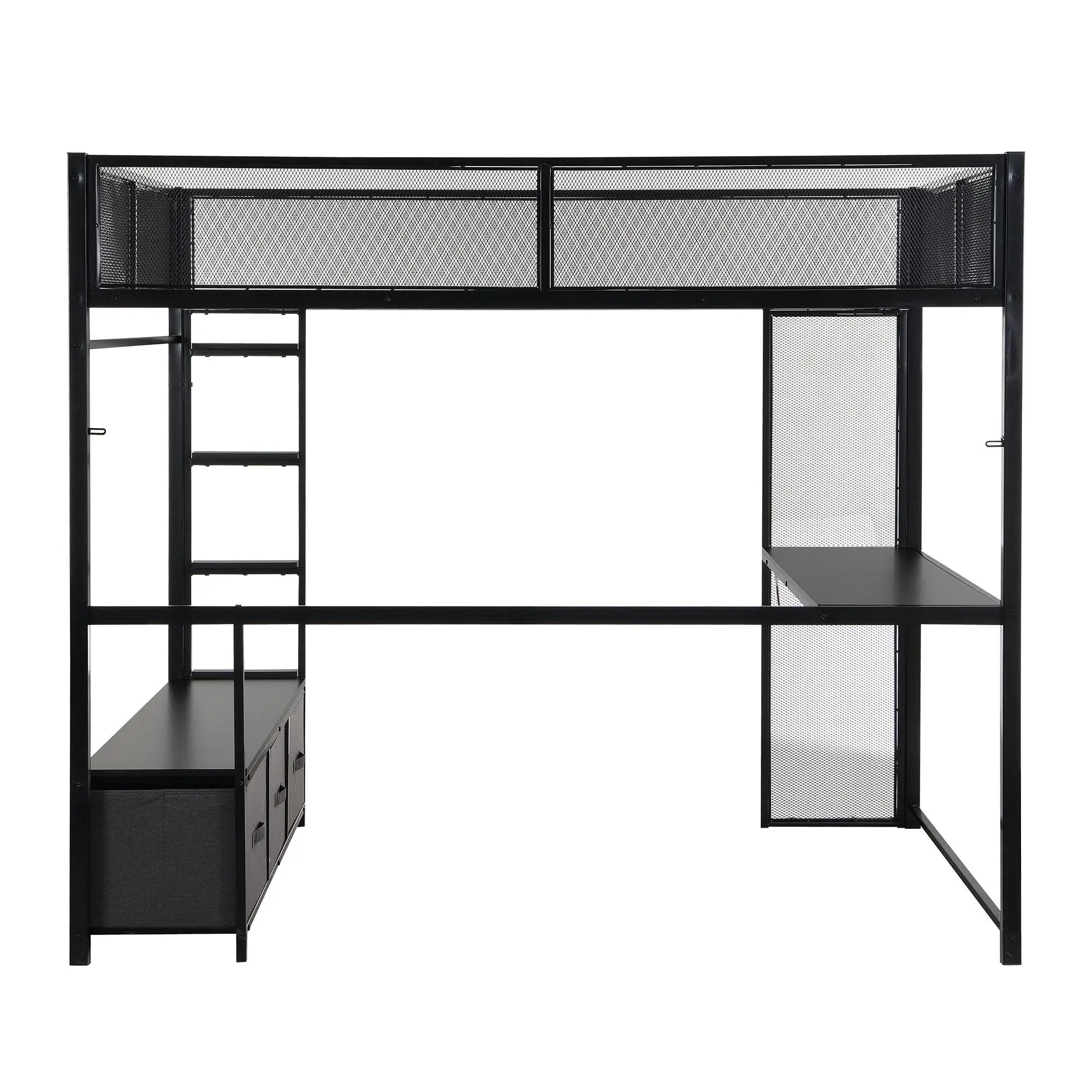 Full Size Gaming Loft Bed With LED Desk, Open Wardrobe, 3 Linen Storage Drawers - Black by HouseOfZazla