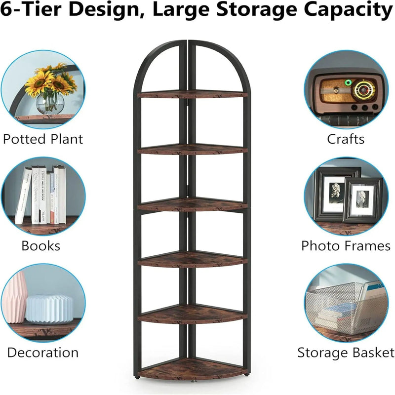 Tall 6 Tier Corner Shelf, Freestanding Bookshelf For Living Room - Rustic Brown by HouseOfZazla