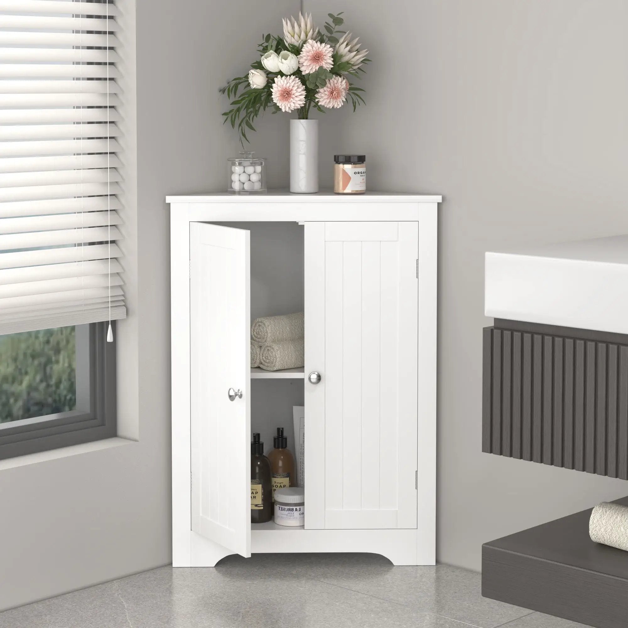 Corner Cabinet With 2 Doors And Adjustable Shelves, Freestanding Narrow Storage Organizer For Bathroom - White by HouseOfZazla