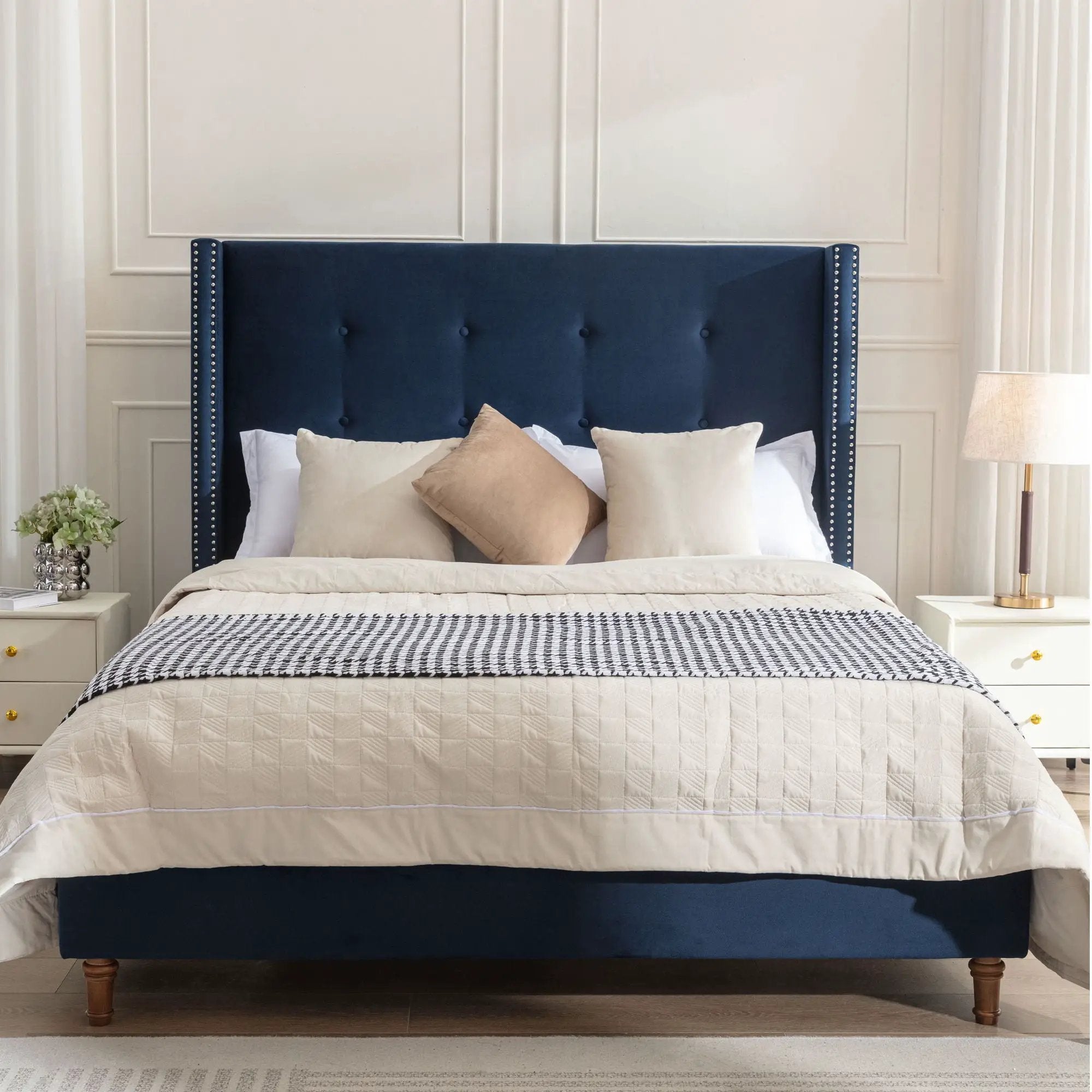 Peyton - Upholstered Bed With 54" High Headboard, Traditional Hand Buttoned Tufting by HouseOfZazla