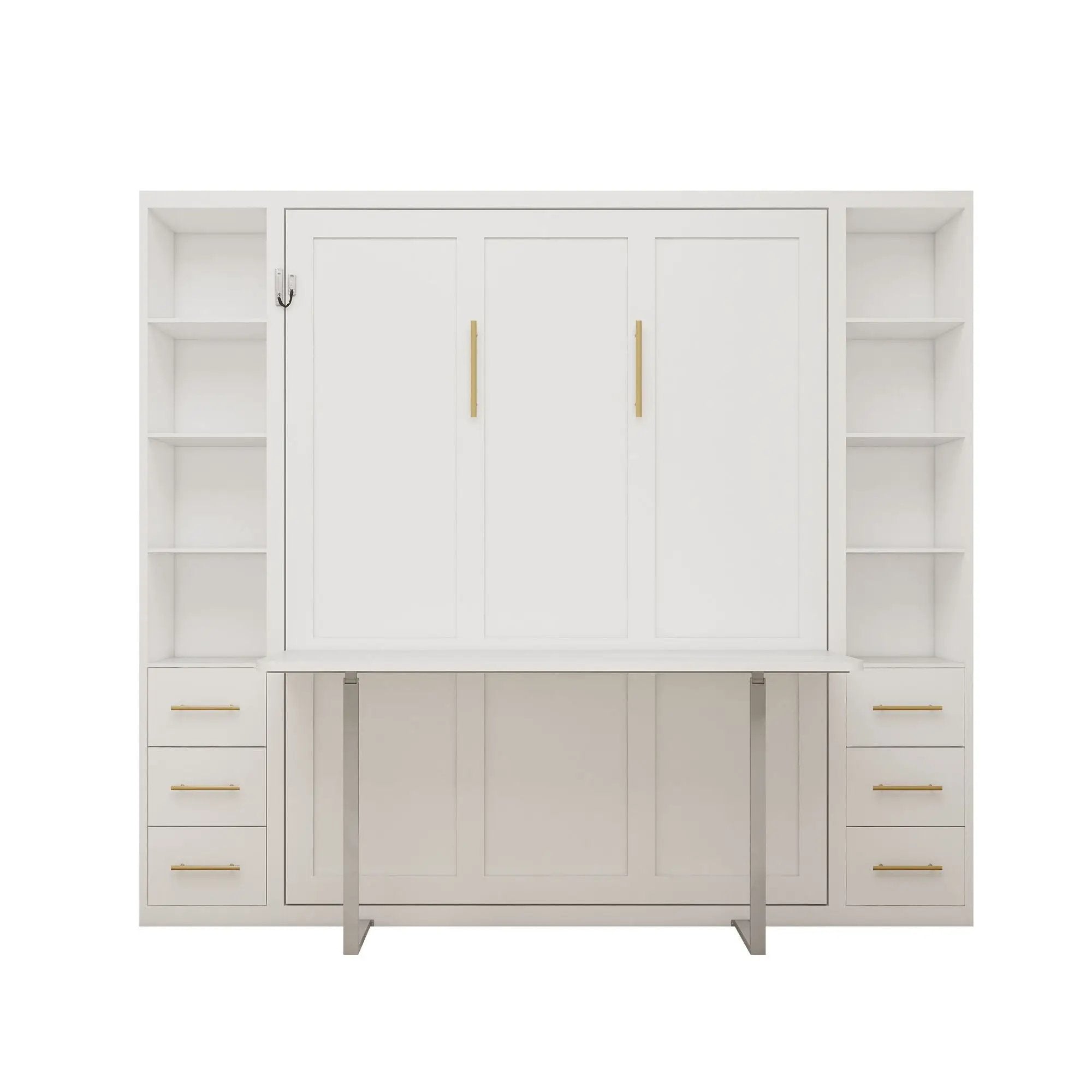 Queen Size Murphy Wall Bed With Side Storage Cabinets - White by HouseOfZazla