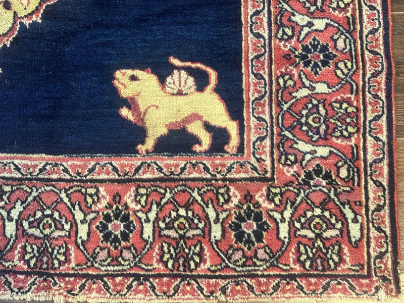 Antique Persian Mashad Rug 4x6, Semi Open Field, Navy Blue, Lion Pictorials, Triple Medallion, Dorokhsh Rug by Jewel Rugs