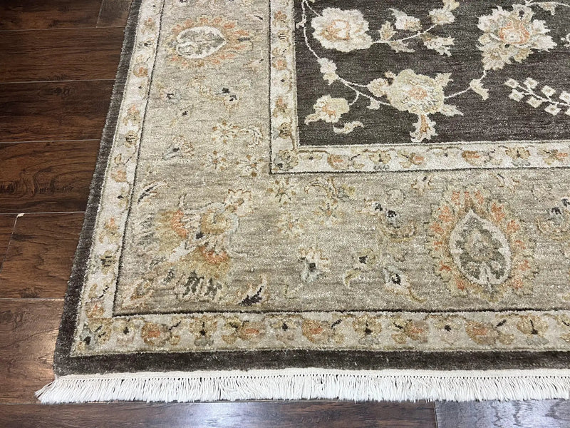 Indo Persian Rug 9x12, Sultanabad Indian Carpet, Dark Brown, Hand Knotted Vintage Wool Rug by Jewel Rugs