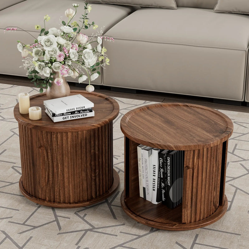 2Piece Round Coffee Table Set, Modern Nesting Side Tables with Sliding Door Storage by HouseOfZazla