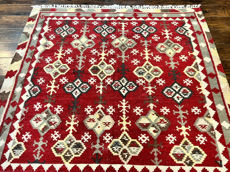 Indian Kilim Rug 6x6, Square Kilim Flatweave Carpet, Vintage Handmade Wool Rug, Red by Jewel Rugs