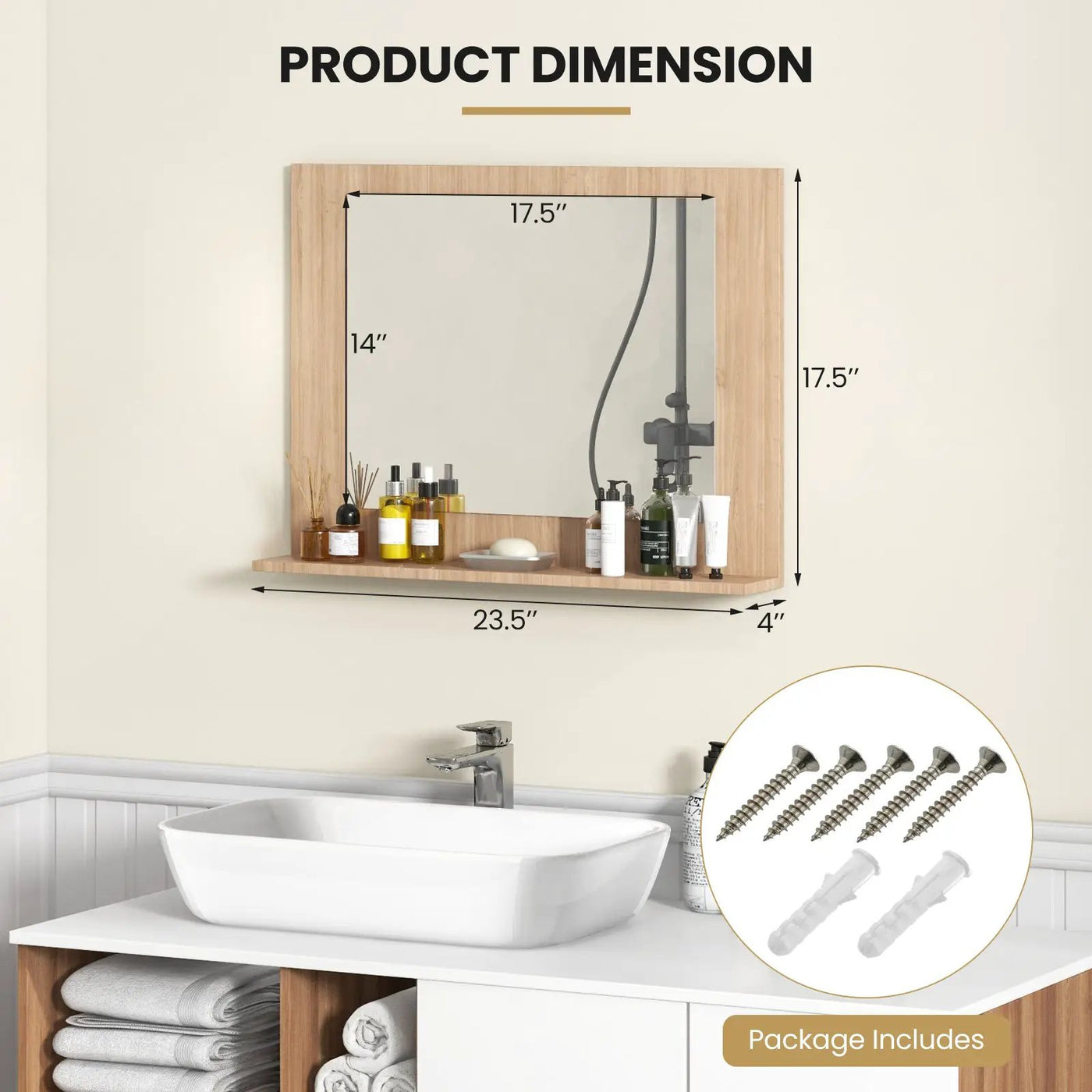 Rectangle Bathroom Mirror with Shelf 23.5 x 17.5 Inch and Wood Frame by DirectDeals