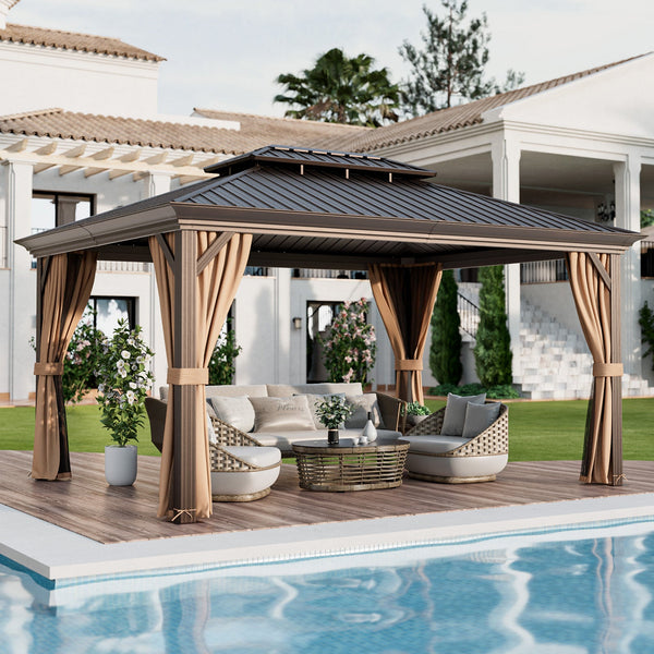 12' x 16' Double-Roof Hardtop Gazebo with Galvanized Steel Roof-Coffee, photo 2 of 8