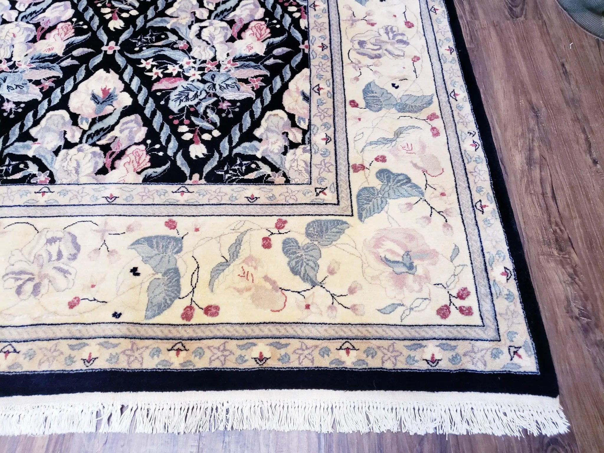 Sino-Persian Kirman Rug 9x12 Floral Handmade Wool Carpet Black & Ivory Vintage by Jewel Rugs