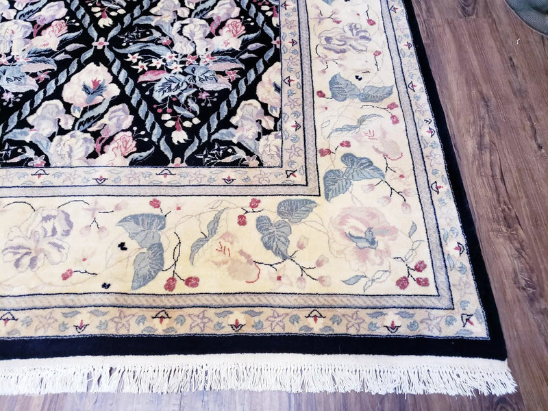Sino-Persian Kirman Rug 9x12 Floral Handmade Wool Carpet Black & Ivory Vintage by Jewel Rugs