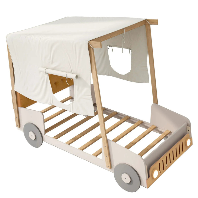 Twin Size Car Bed With Pillow, Ceiling Cloth And LED - Natural by HouseOfZazla