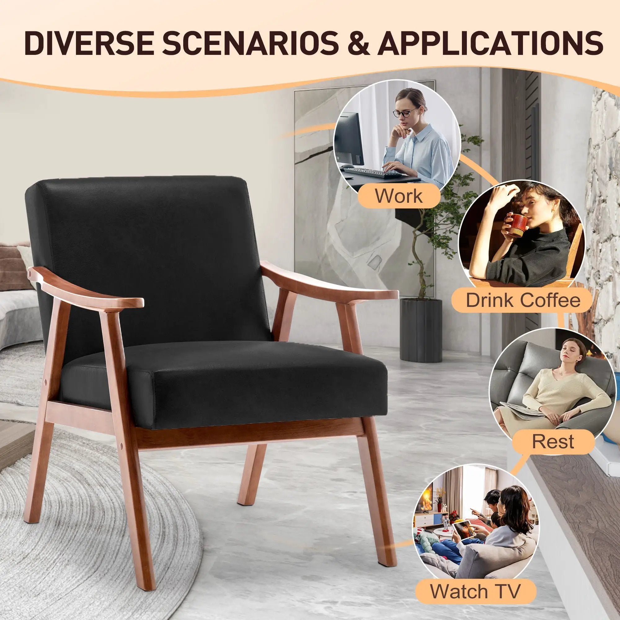 Mid Century Modern Accent Chair With Solid Wood Frame And Extra Thick Backrest by HouseOfZazla