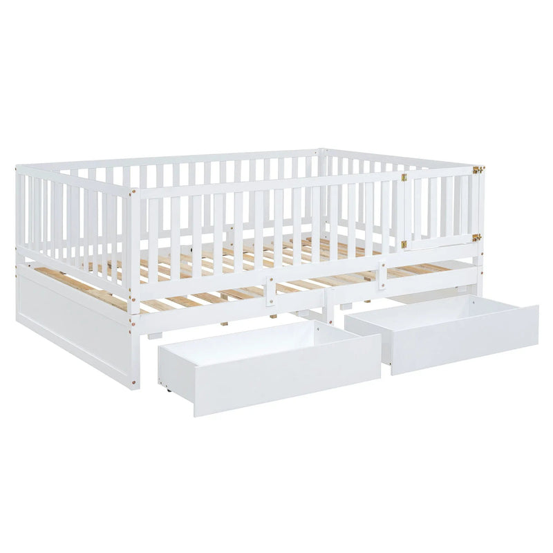 Daybed With Fence Guardrails And 2 Drawers, Split Into Independent Floor Bed & Daybed by HouseOfZazla