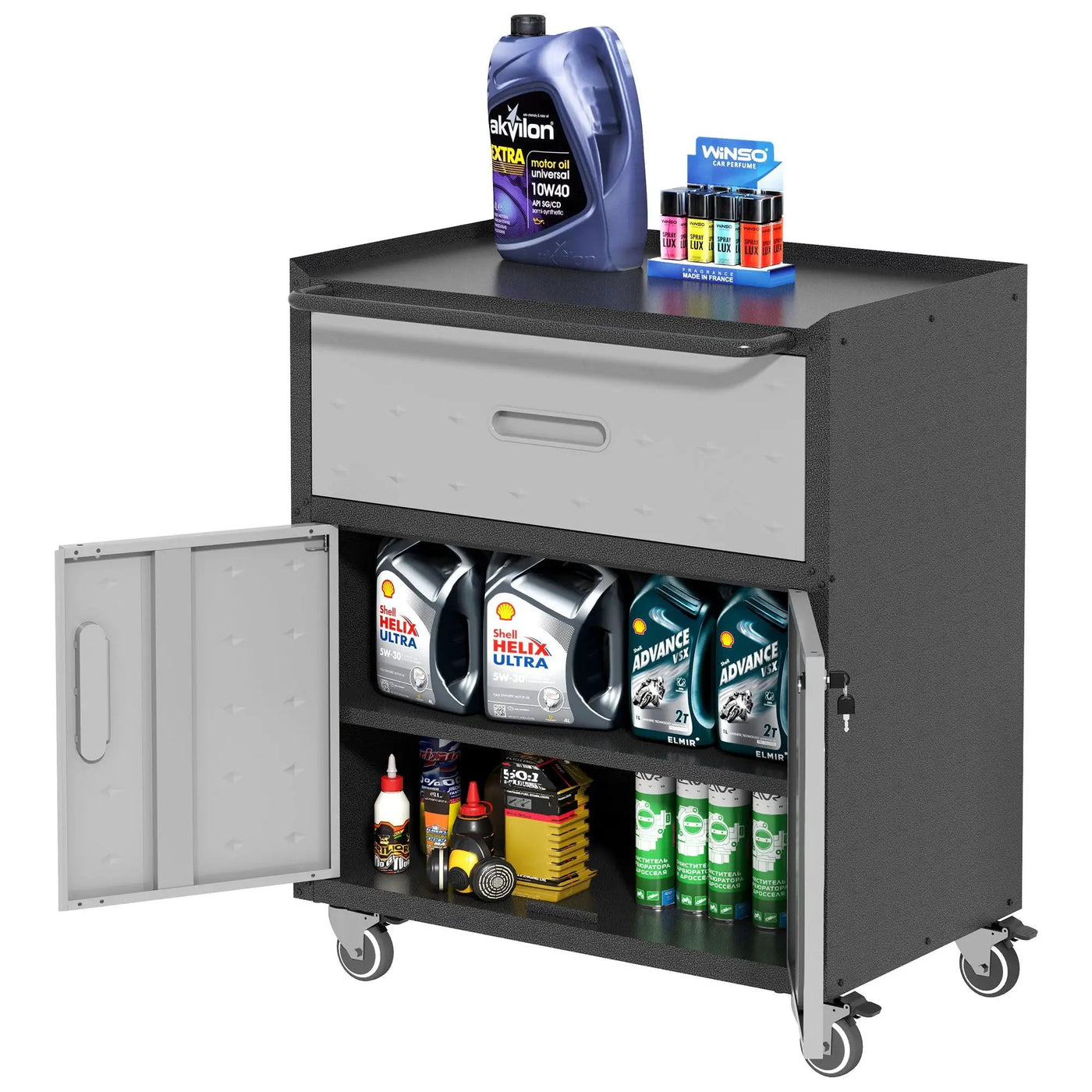 Sturdy And Durable Metal Tool Cabinet For Garage With Wheels Mobile Heavy Duty Storage Cabinet With 1 Drawer And 2 Locking Doors by HouseOfZazla