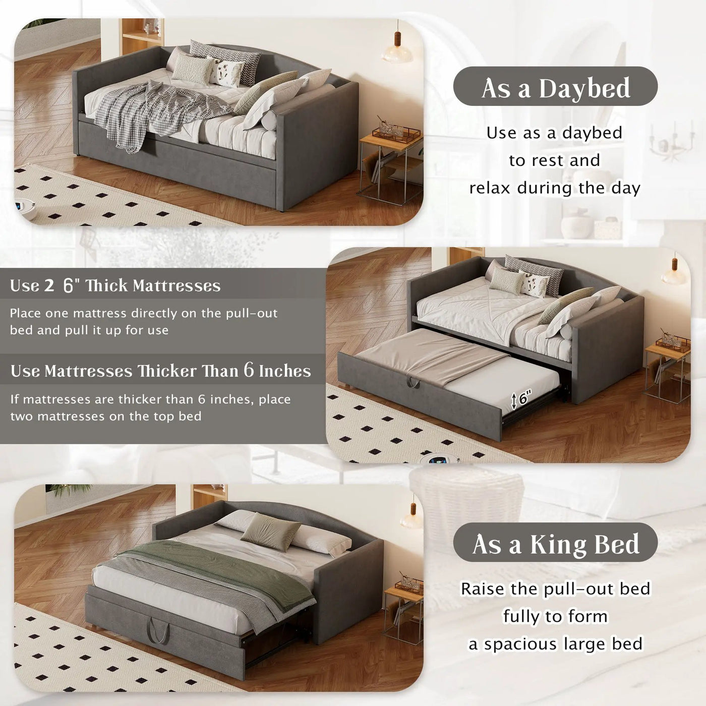 Daybed With Pop Up Trundle, Upholstered Sofa Bed by HouseOfZazla