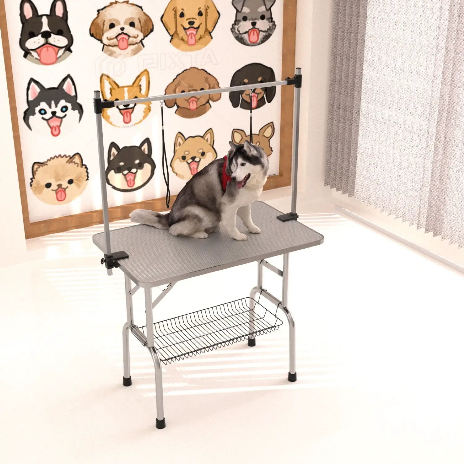 Folding Dog Pet Grooming Table Stainless Steel Frame Rubber Mat On Board With Adjustable Arm And Clamps Pet Dog Cat Grooming Table by HouseOfZazla