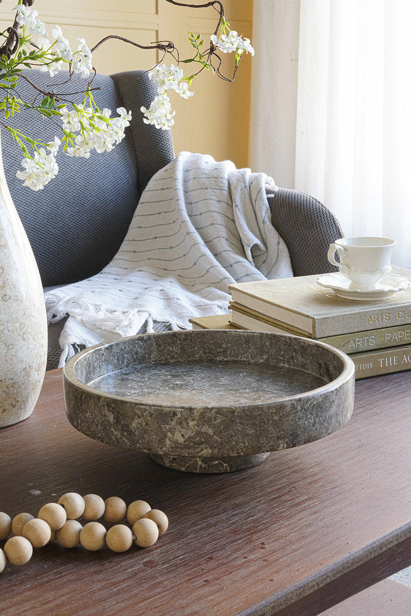 Marble Pedestal Plate with Sturdy Base - Gray