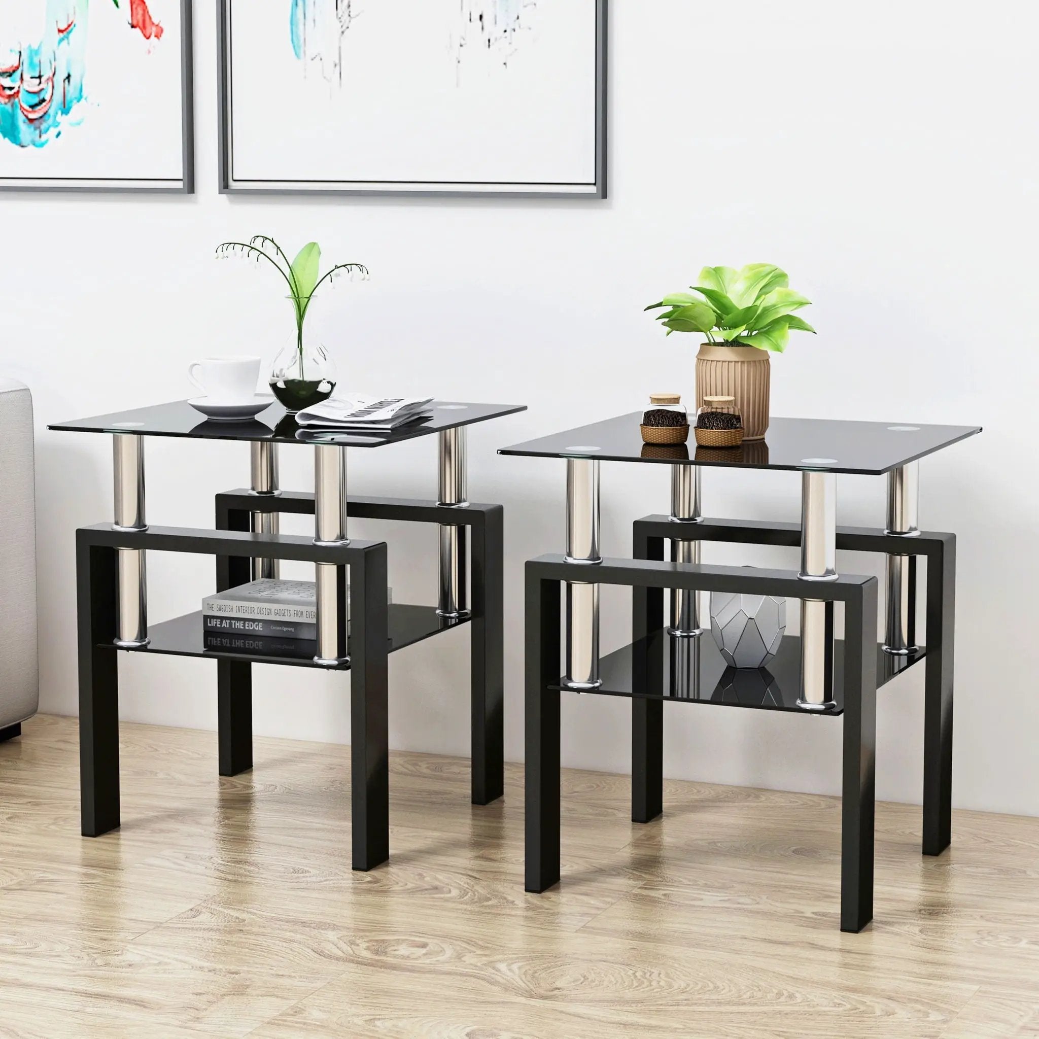 Modern Tempered Glass Tea Table, End Square Table For Living Room (Set of 2) - Black by HouseOfZazla